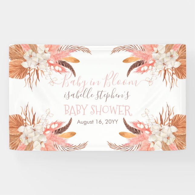 Baby in Bloom Pink Pampas Grass Boho Baby Dusche Banner (Horizontal)
