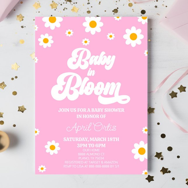 Baby in Bloom Pink Retro Daisy Blume Kinderdusche Einladung (Von Creator hochgeladen)
