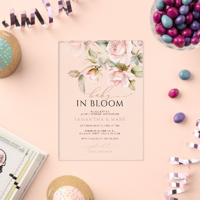 Baby in Bloom Pink Rose & Greenery Kinderdusche Acryleinladungen (Insitu (Feier))