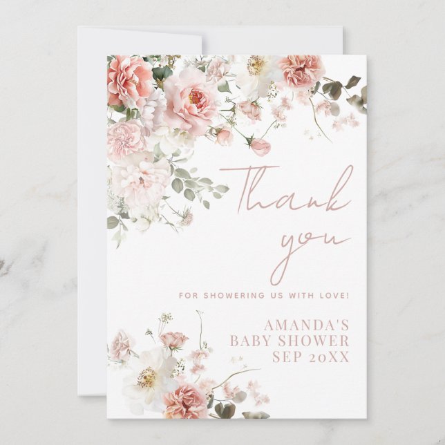 Baby in Bloom Pink Roses Floral Girl Babydusche Dankeskarte (Vorderseite)