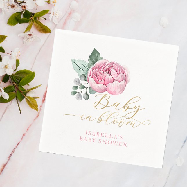 Baby in Bloom Pink und Gold Floral Baby Dusche Fav Serviette (Peony Rose Baby Shower Napkin)
