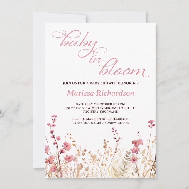 Baby in Bloom Pink Wildblume Girl Babydusche Einladung (Vorderseite)