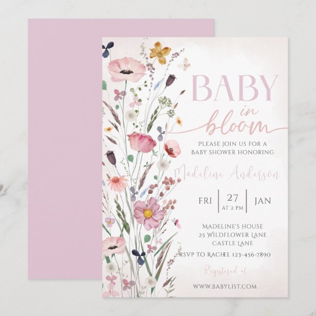 Baby in Bloom Pink Wildblume Kinderdusche Einladung (Vorne/Hinten)