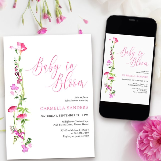 Baby in Bloom Pink Wildblume Kinderdusche Einladung (Baby in Bloom Baby Shower Invitation from my Pink Wildflower Collection
)