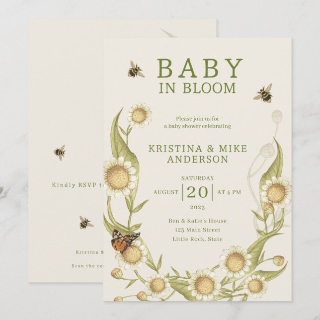 Baby in Bloom QR Code Dusche Einladung (Vorne/Hinten)
