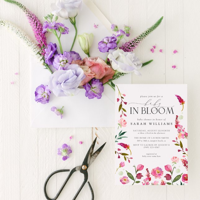 Baby in Bloom QR Code Wasserfarbendusche Einladung (Easily personalize this beautiful baby in bloom baby shower invitation with your personal details)