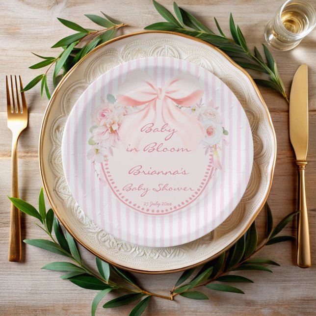 Baby in bloom retro preppy bow baby shower pappteller (Baby in bloom preppy bow vintage pink stripes baby shower printed paper plates personalized decor)