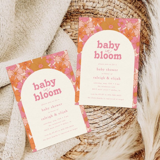 Baby in Bloom Retro Rosa Blumenbogen | Einladung (Von Creator hochgeladen)