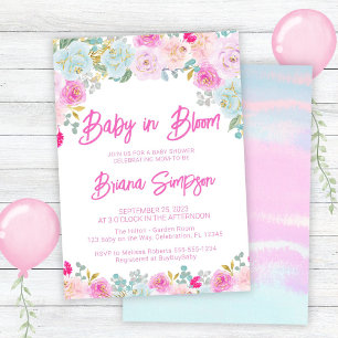 Baby in Bloom Rosa Blau Pfirsich Florales Babyshow Einladung