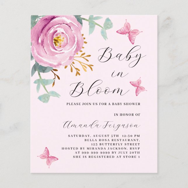 Baby in Bloom rosa Rosa Schmetterling Baby Dusche (Vorderseite)