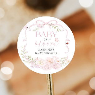 Baby In Bloom Rosa Schleifen-Baby-Party-Aufkleber Runder Aufkleber