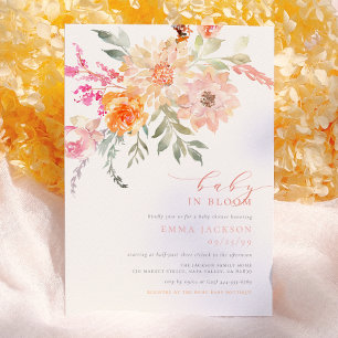 Baby In Bloom   Rosa und Blaugrüne Frühlingsblumen Einladung