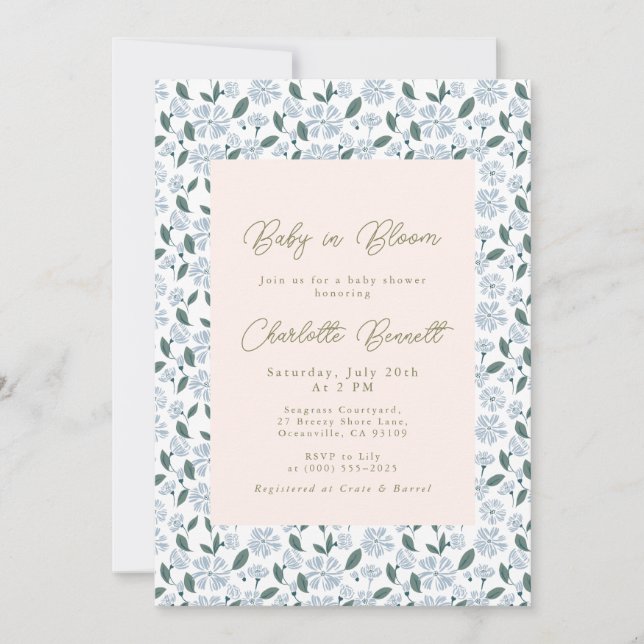 Baby in Bloom Sage & Dusty Blue Floral Baby Dusche Einladung (Vorderseite)