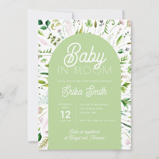Baby in Bloom Sage Green Baby shower Invitation (Devant)