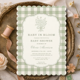 Baby in Bloom Sage Green Gingham Baby Shower Einladung