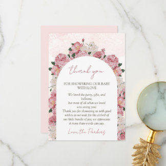 Baby in Bloom Script Pink Floral Baby Girl Dusche Dankeskarte