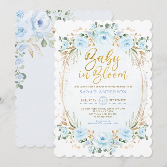 Baby in Bloom Soft Blue Gold Floral Boy Dusche Einladung (Vorne/Hinten)