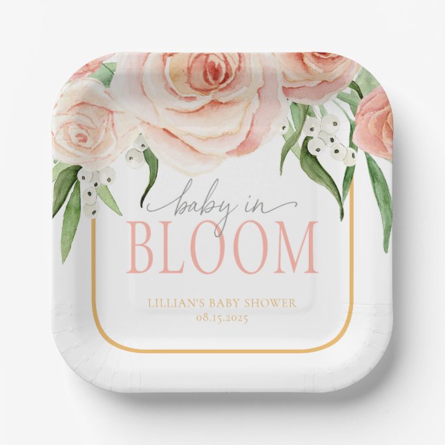 Baby In Bloom Soft Pink Rose Garden Baby Shower  Pappteller (Vorderseite)