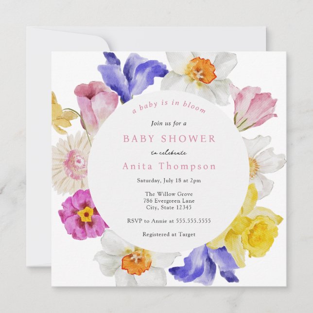 Baby in Bloom Spring Floral Baby Dusche Einladung (Vorderseite)