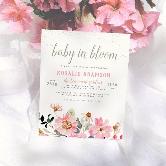 Baby in Bloom Sweet Pink Garden Themed Baby Dusche Postkarte (Von Creator hochgeladen)