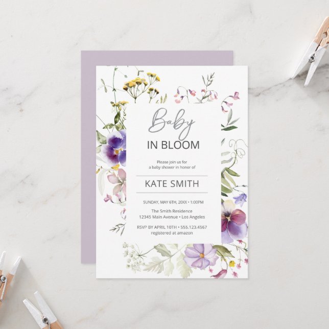 Baby in Bloom Violet Wildblumen Dusche Einladung (Vorderseite/Rückseite Beispiel)