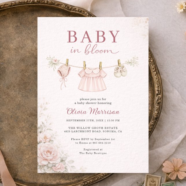 Baby in Bloom Wäscheleine Rosa Schleife Baby Showe Einladung (Von Creator hochgeladen)