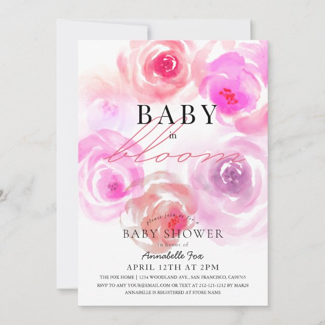Baby in Bloom Wasserfarbe Rose Kinderdusche Einladung (Vorderseite)