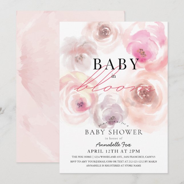 Baby in Bloom Wasserfarbe Rose Kinderdusche Einladung (Vorne/Hinten)