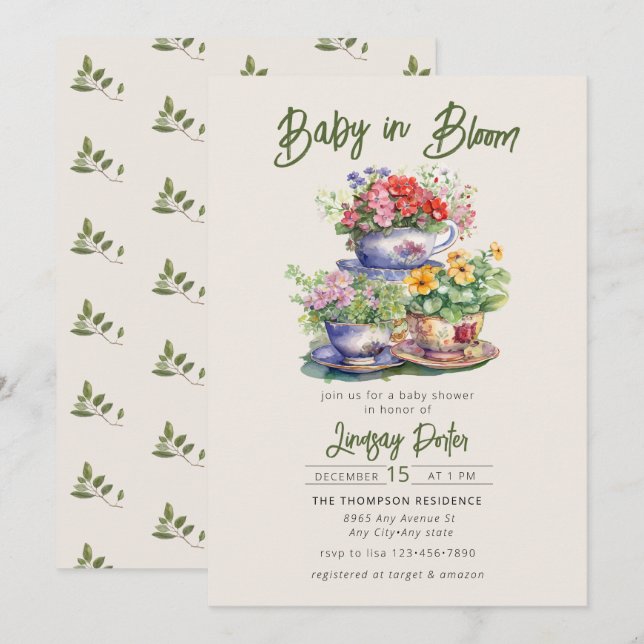 Baby in Bloom | Watercolor Baby Shower Einladung (Vorne/Hinten)