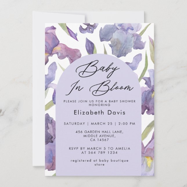 Baby in Bloom Watercolor Iris Frühjahrsdusche Einladung (Vorderseite)