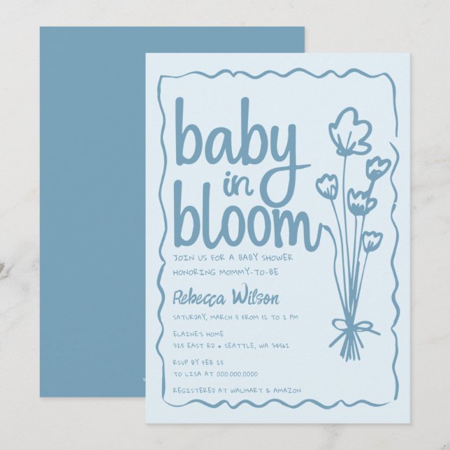 Baby in Bloom Whimsical Hand Drawn Boy Baby Dusche Einladung (Vorne/Hinten)