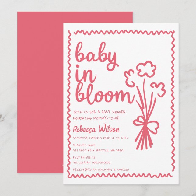 Baby in Bloom Whimsical HandDrawn Girl Baby Shower Einladung (Vorne/Hinten)
