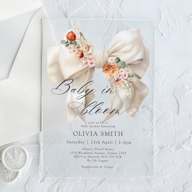 Baby in Bloom White Bow Floral Baby Dusche Acryleinladungen (Von Creator hochgeladen)