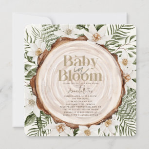 Baby in Bloom White Floral Wood Stump Baby Dusche Einladung