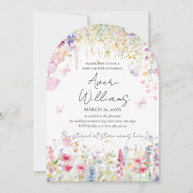 Baby in Bloom Wild Blume Butterfly Babydusche Einladung (Vorderseite)