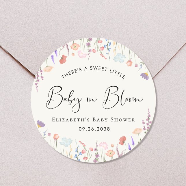 Baby in Bloom Wildblume Aquarell Kinderdusche Runder Aufkleber (Von Creator hochgeladen)