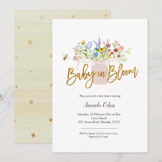 Baby in Bloom Wildblume Babydusche Einladung (Vorne/Hinten)