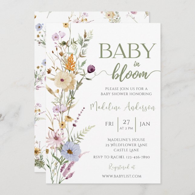 Baby in Bloom Wildblume Babydusche Einladung (Vorne/Hinten)