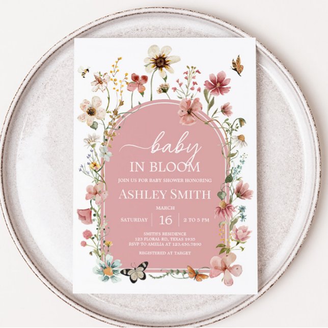 Baby in Bloom Wildblume Babydusche Einladung (Muted Pink Spring Flowers Baby Shower Invitation)