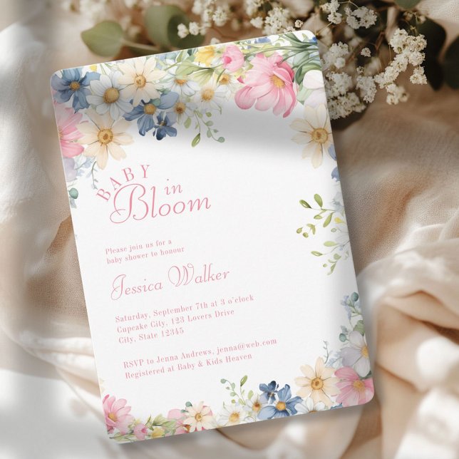 BABY IN BLOOM! Wildblume, Babydusche Einladung (BABY IN BLOOM! Wildflower, Watercolor, White + Pastel, Baby Shower Invitation.)