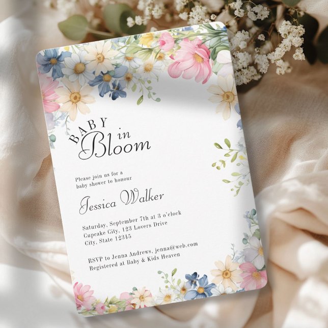 BABY IN BLOOM! Wildblume, Babydusche Einladung (BABY IN BLOOM! Wildflower, Watercolor, White + Pastel, Baby Shower Invitation.)
