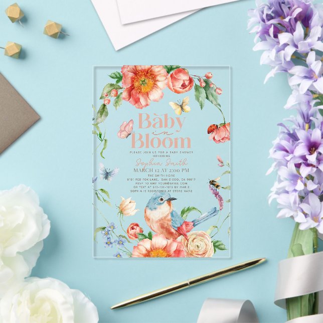 Baby in Bloom Wildblume & Bird Girl Baby Shower Acryleinladungen (In Situ (Hochzeit))
