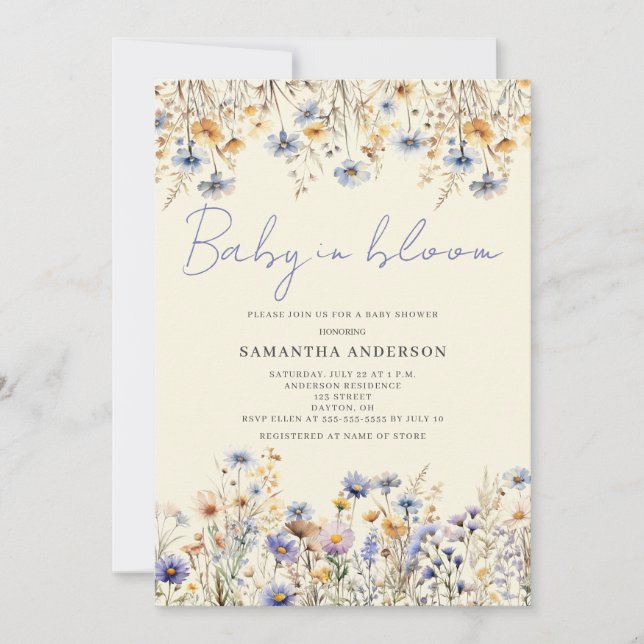 Baby in Bloom Wildblume Bloral Baby Dusche Einladung (Vorderseite)