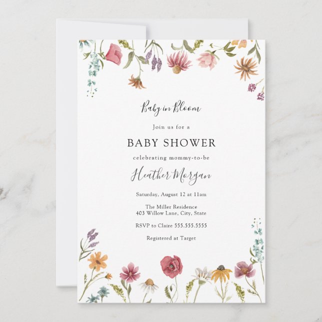 Baby in Bloom Wildblume Bloral Baby Dusche Einladung (Vorderseite)
