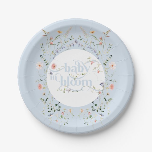 Baby in Bloom Wildblume Blue Boy Baby Dusche Pappteller (Vorderseite)