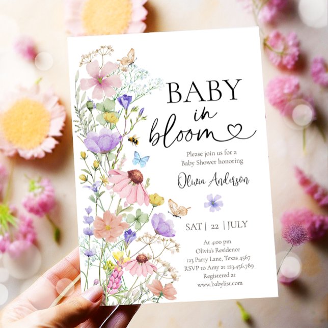 Baby in Bloom Wildblume Butterflies Babydusche Einladung (Von Creator hochgeladen)