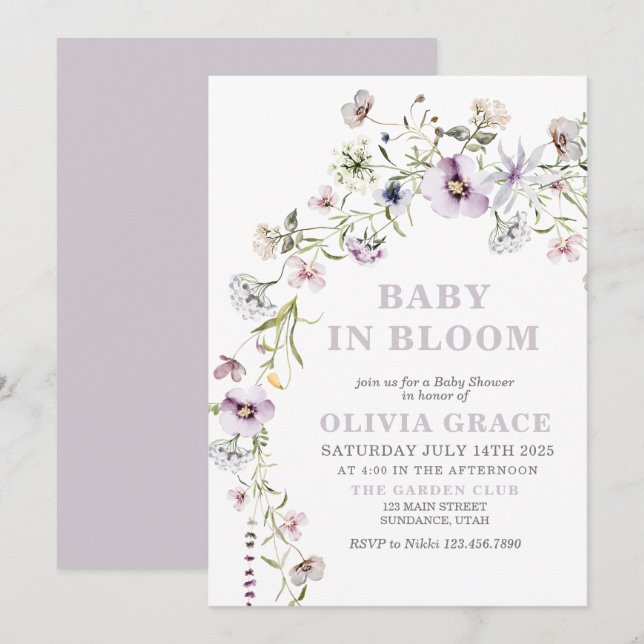 Baby in Bloom Wildblume Gartendusche Einladung (Vorne/Hinten)