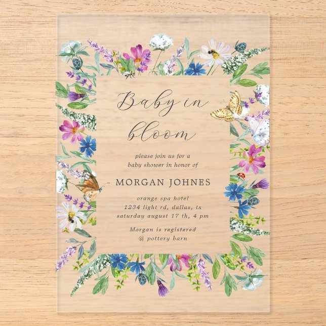 Baby in Bloom Wildblume Kinderdusche Acryleinladungen (Vorderseite)