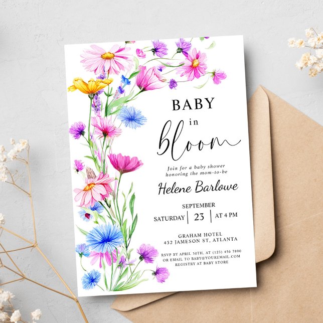 Baby in Bloom Wildblume Rustic Boho Babydusche Einladung (Baby in Bloom Wildflower Rustic Boho Baby Shower Invitation)