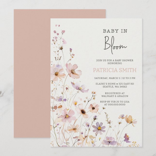 Baby in Bloom Wildblumen Baby Girl Baby Dusche Einladung (Vorne/Hinten)